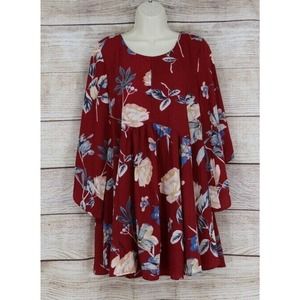 Umgee Womens Floral 3/4 Sleeve Tunic Top Shirt Blouse Size Small Medium Maroon